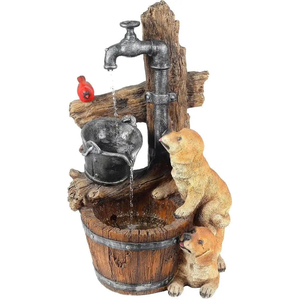 30 Rustic Outdoor Water Fountain with LED Lights, Barrel Puppy Design, Ideal for Garden or Indoor Entryway