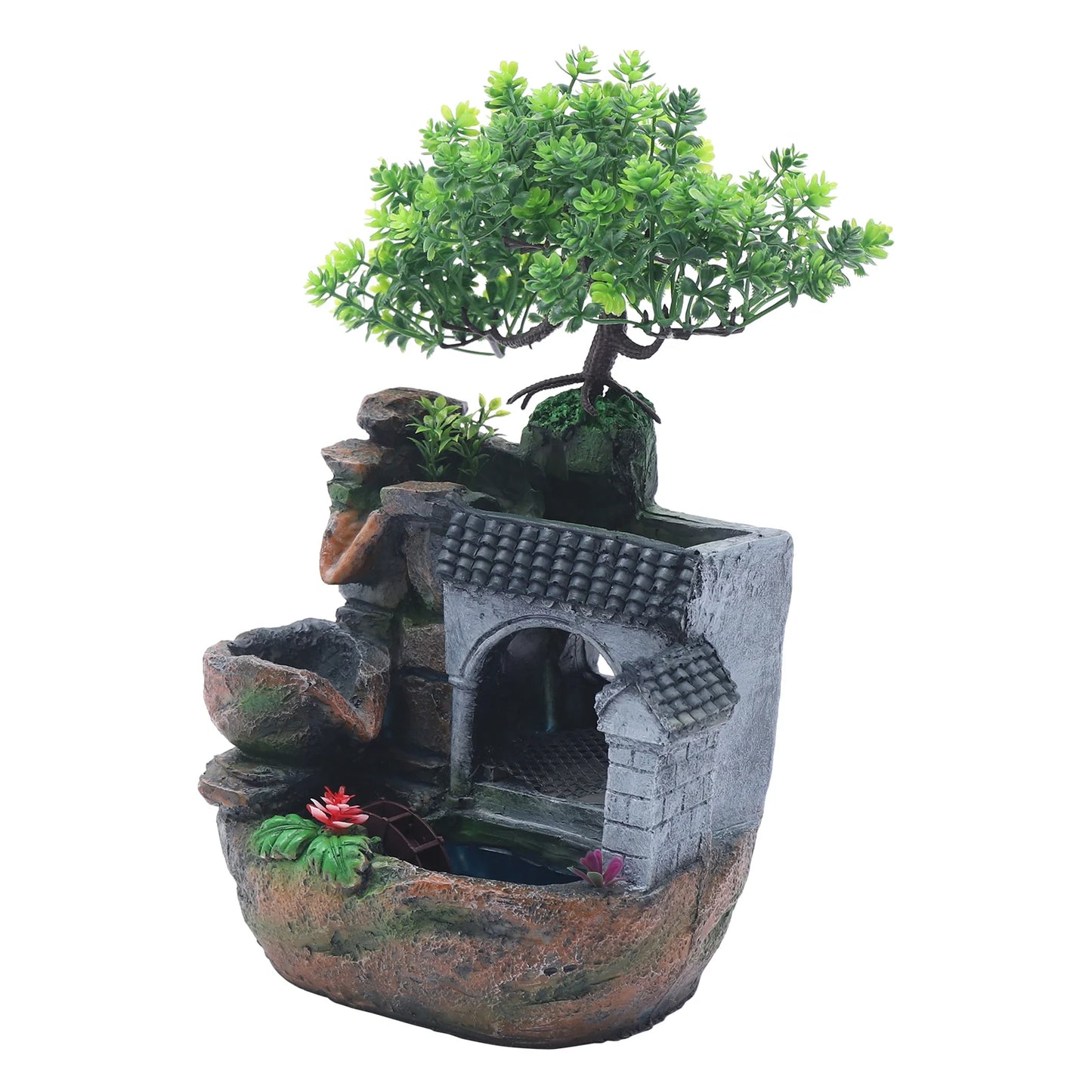 Tabletop Water Fountain with LED Light, Desktop Ornaments Resin Rockery Ornament for Office Living Room Desk Decor