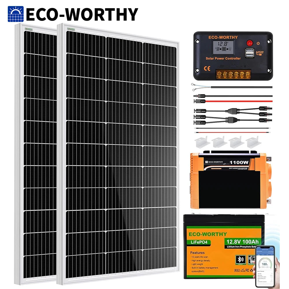 ECO-WORTHY 200W Solar Panel Kit 2pcs 100W Solar Panel + 30A Charge Controller + 100Ah Battery + 1100W Premium Solar Inverter