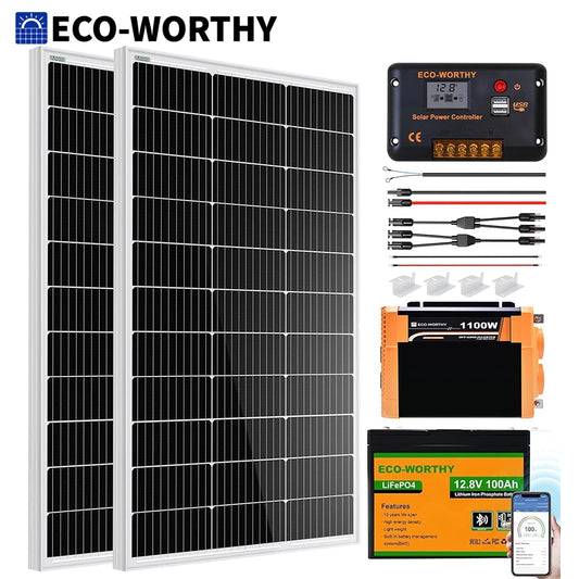 ECO-WORTHY 200W Solar Panel Kit 2pcs 100W Solar Panel + 30A Charge Controller + 100Ah Battery + 1100W Premium Solar Inverter