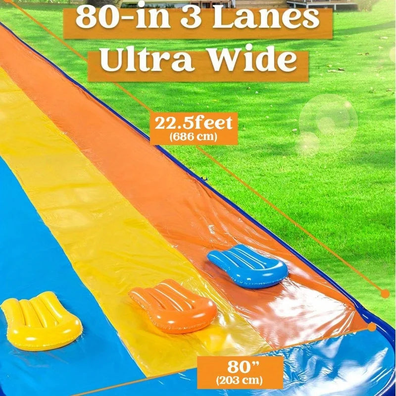 Joyfy 22.5ft Lawn Triple Water Slide with 3 BodyBoards Water Summer Toy with Build in Advanced Sprinkler for Backyard Summer Fun