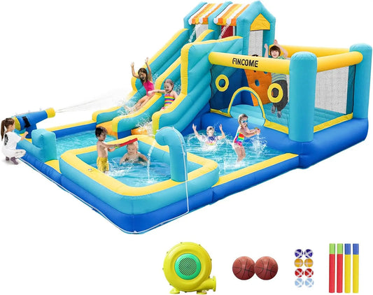 FINCOME Inflatable Bounce House, 10 in 1 Double Water Slide Bounce House with 750W Blower, Climbing Wall, Jumping, Water Gun, Sp