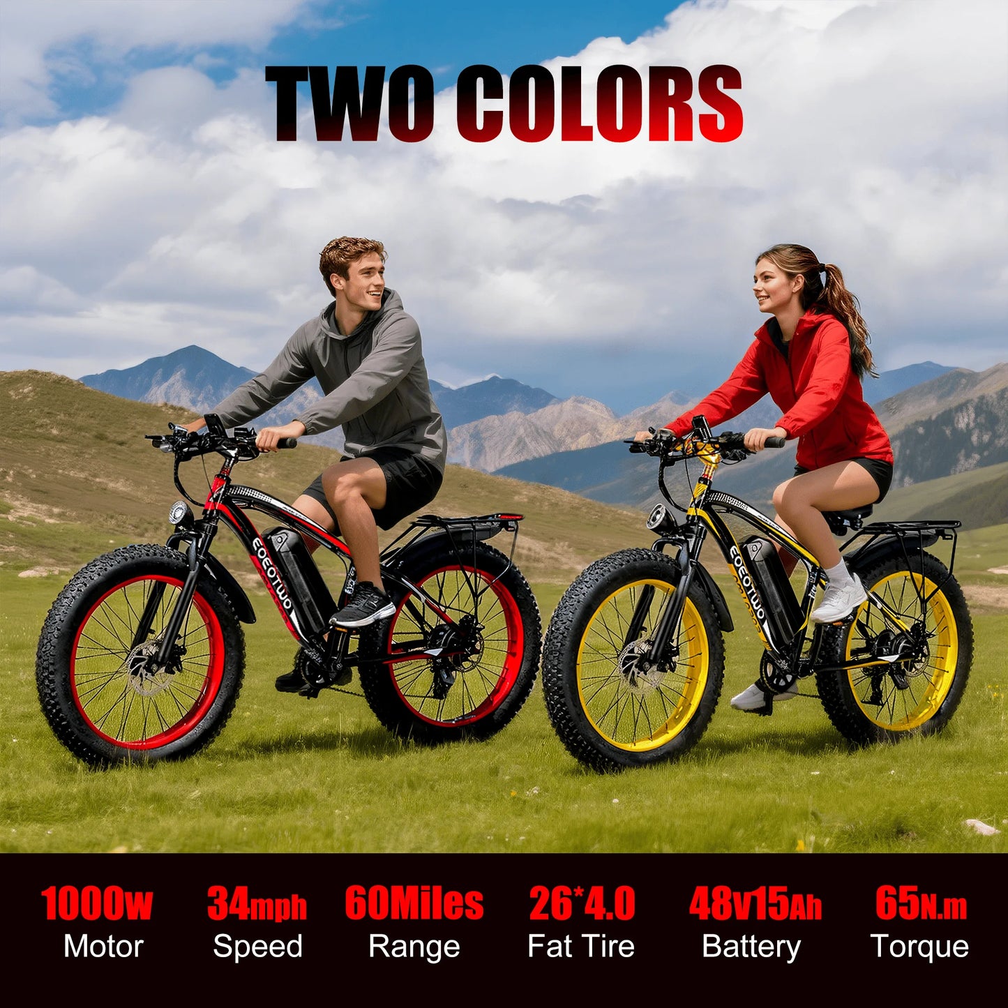 EOEOTWO E01 26" Fat Tire Electric Bike for Adults, 1000W Motor 1500W Peak, 48V 15Ah Battery, 34 MPH Max Speed, Up to 60 Miles Long Range