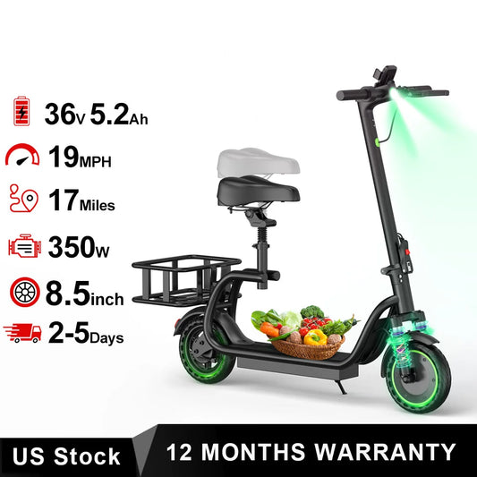 Maxshot 8.5'' Electric Scooter with Seat & basket,350W Motor, Top Speed 19mph, Max 17/25 Miles Ranges, Foldable E-Scooter with Suspension &Adult, Digital Display, Cruise Control