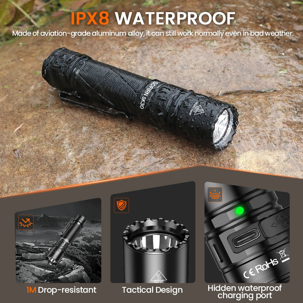 SOFIRN SK30 2800LM Tactical Flashlight SFT70 LED Light 6500K 21700 USB C Rechargeable Torch Double Switch