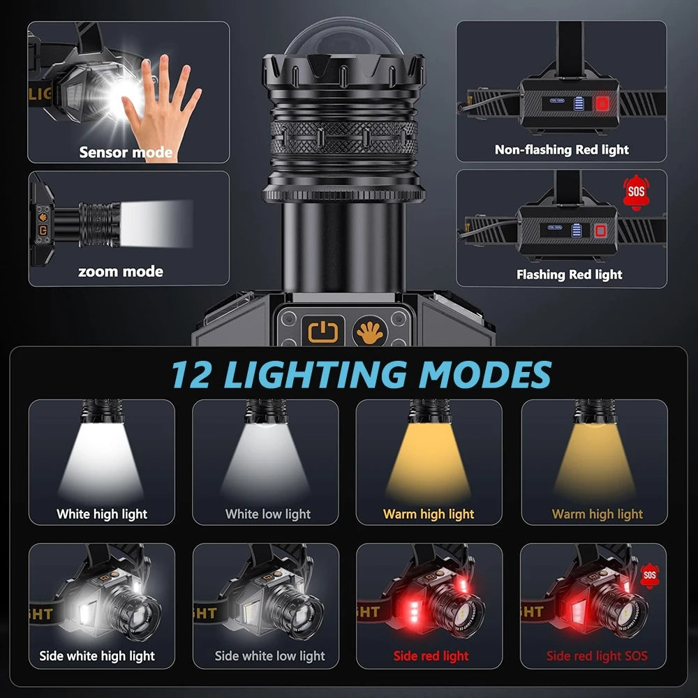 New Rechargeable LED Headlamp Motion Sensor 12 Gears Super Bright Long Range Flashlight Waterproof Head Lantern Fishing Hunting
