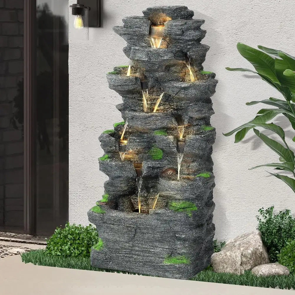 40 High 10-Tier Rock Waterfall Fountain with LED Lights for Outdoor/Indoor Use - Suitable for Patio, Garden, Backyard, Deck, Por