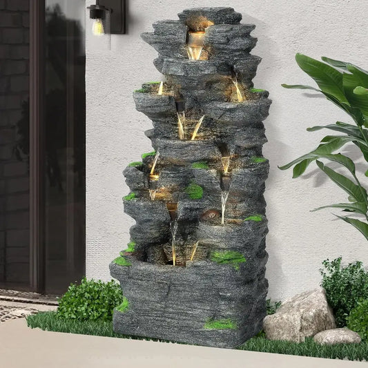 40 High 10-Tier Rock Waterfall Fountain with LED Lights for Outdoor/Indoor Use - Suitable for Patio, Garden, Backyard, Deck, Por