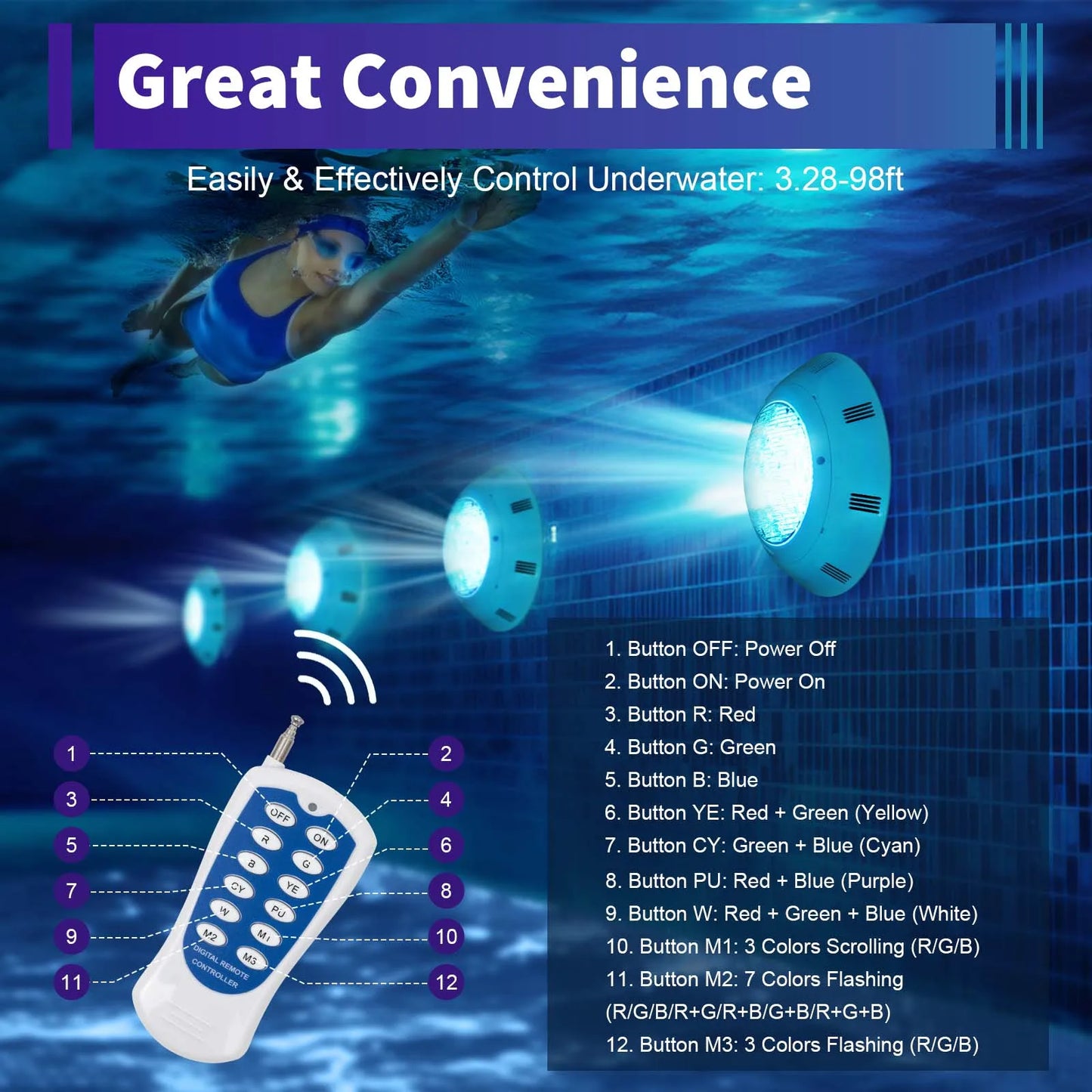 12V 45W RGB LED Swimming Pool Light 7 Color Changing Underwater Lamp IP68 Waterproof Atmosphere Lamp With Remote Control