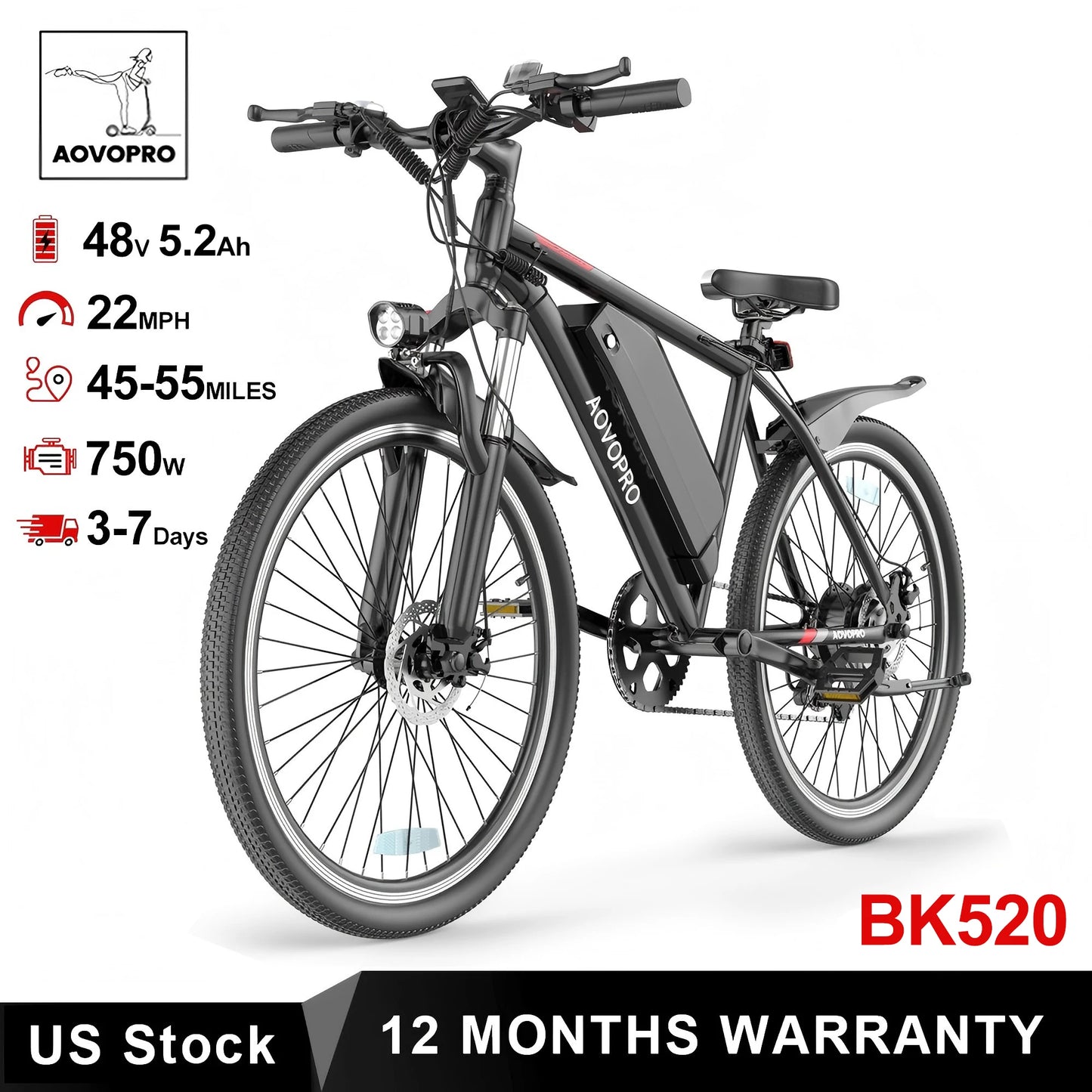 AOVOPRO 750W Electric Bike 48V Battery Versatile Design