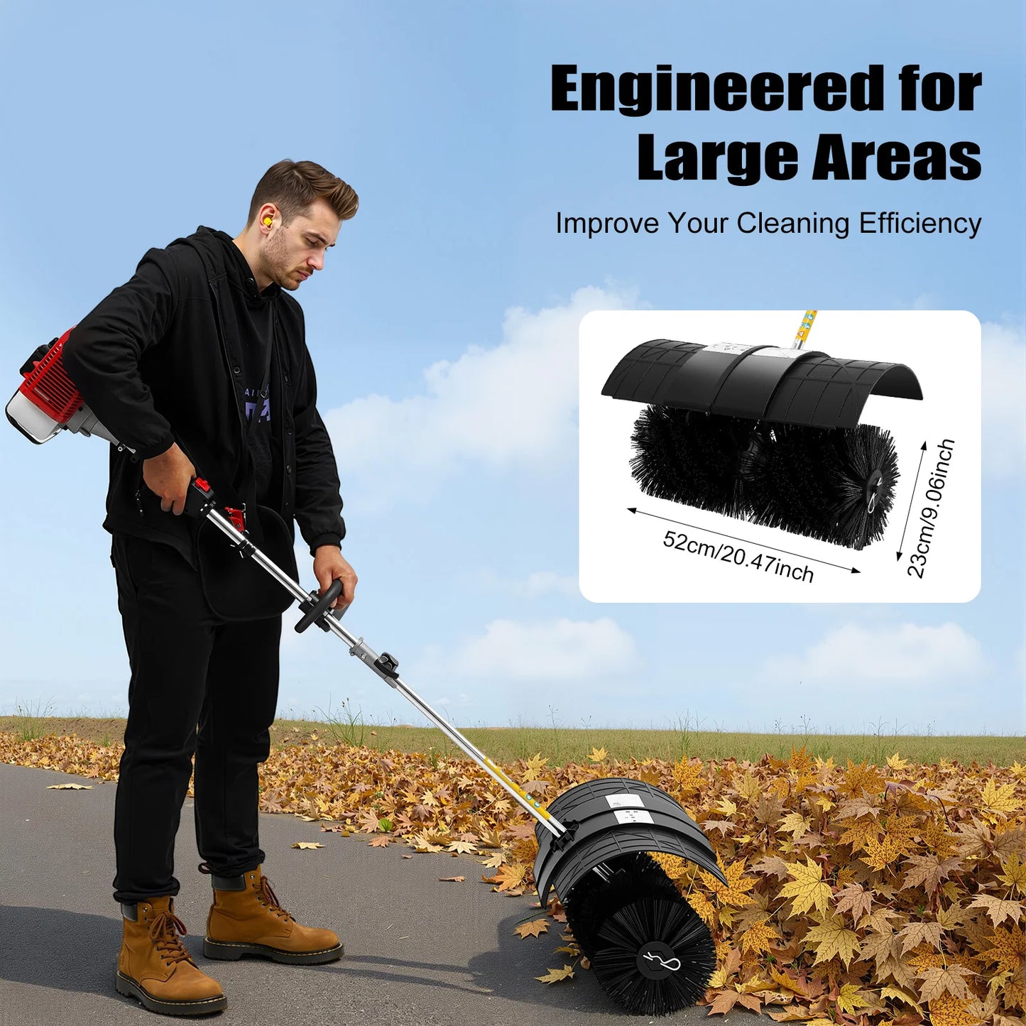 1700W 52CC Handheld Sweeper Gasoline Powered Broom Sweeper Lawn Cleaning Sweeping Machine  Handheld Lawn Sweeper