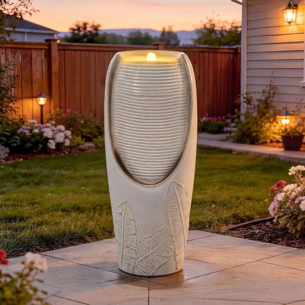 32-inch Outdoor LED Lighted Garden Fountain with 3D Tropical Leaves, Beige Glaze, for Relaxing Patio or Yard