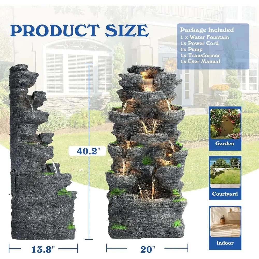 40 High 10-Tier Rock Waterfall Fountain with LED Lights for Outdoor/Indoor Use - Suitable for Patio, Garden, Backyard, Deck, Por