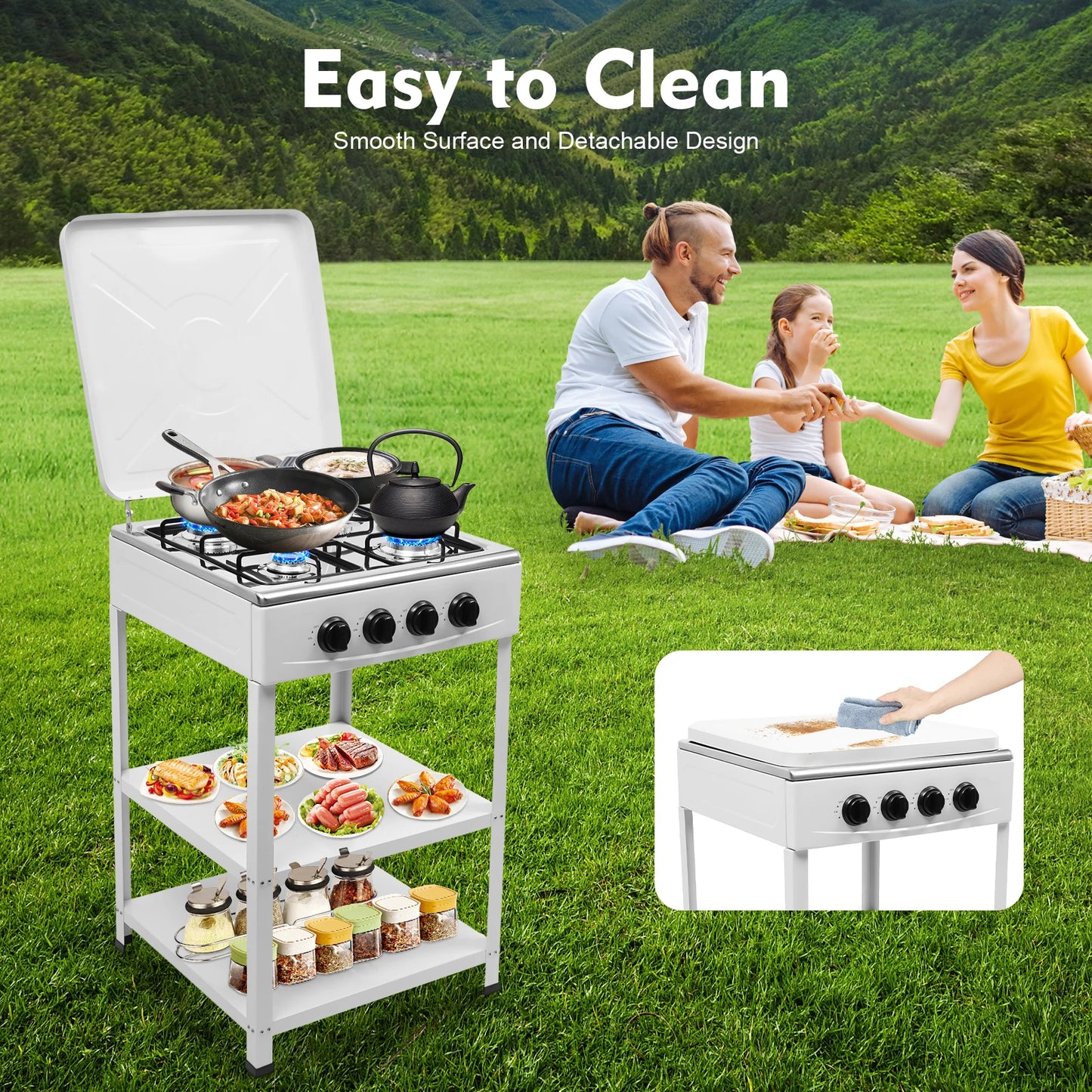 Four Burner Propane Camping Stove With Removable Smokeless Grill