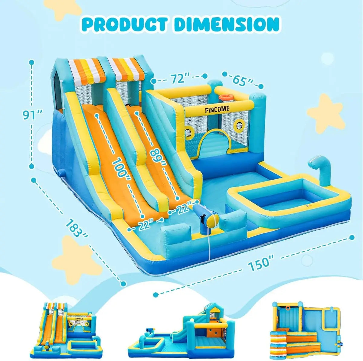 FINCOME Inflatable Bounce House, 10 in 1 Double Water Slide Bounce House with 750W Blower, Climbing Wall, Jumping, Water Gun, Sp