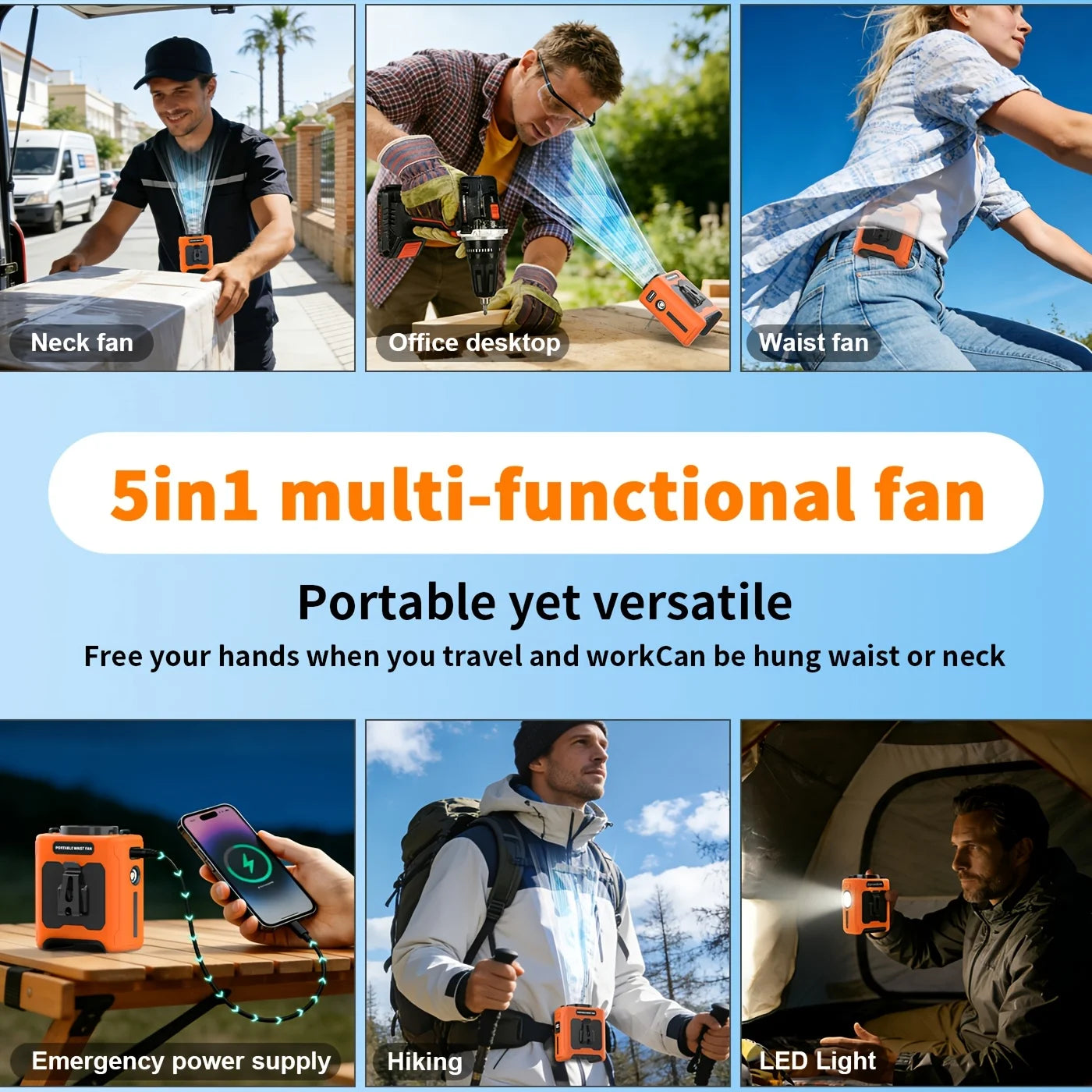 10000mAh Waist Fan Portable Handheld Hanging Neck Fan Ultra-Strong Wind with Phone Charging LED Light For Outdoor Camping Travel