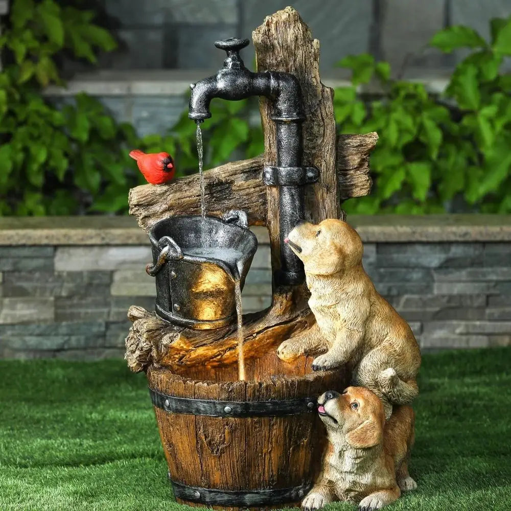 30 Rustic Outdoor Water Fountain with LED Lights, Barrel Puppy Design, Ideal for Garden or Indoor Entryway
