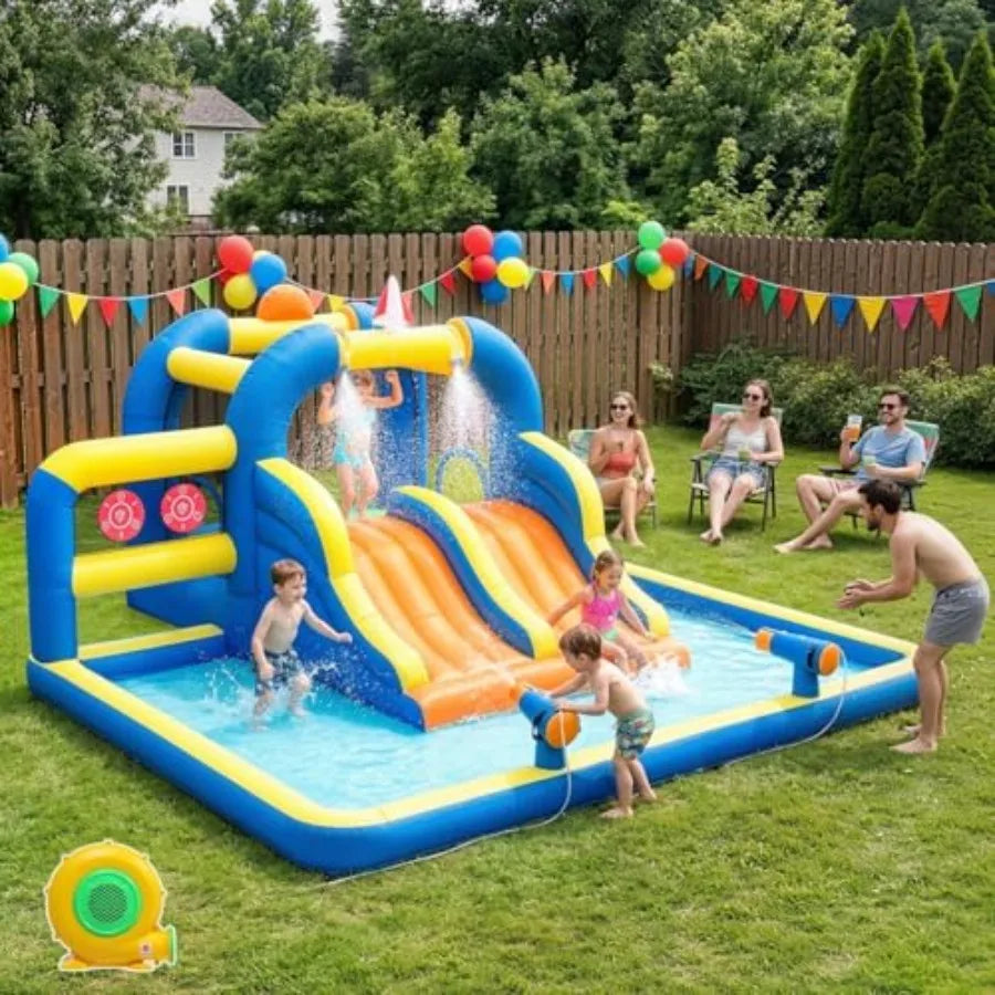 Inflatable Bounce House with Double Water Slide, Outdoor Inflatable Water Park Bouncy Castle w/Jumping Area, Splash Pool and Ai