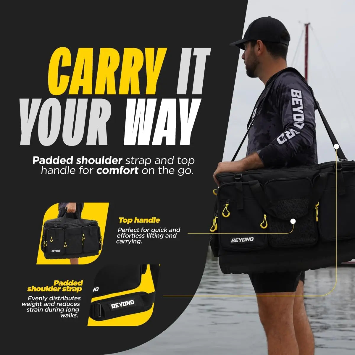 Fishing Tackle Bag with Hard Molded Bottom, Water Resistant for Saltwater & Freshwater Gear Storage, Holds Tackle Boxes and