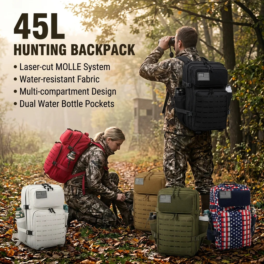 45L Large Capacity Hunting Backpack For Men With MOLLE Webbing System Dual Cup Holders Outdoor Survival Hiking Camping Rucksack For Wilderness Trip Travel Daily Work Commute Outdoor Camping Activities Gear Storage Backpack