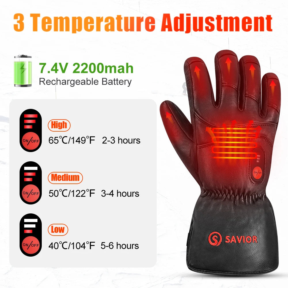 Savior Heat Winter Outdoor Sports Genuine Leather Sheepskin Electric Heating Gloves Motorcycle Gloves Hiking Gloves Waterproof