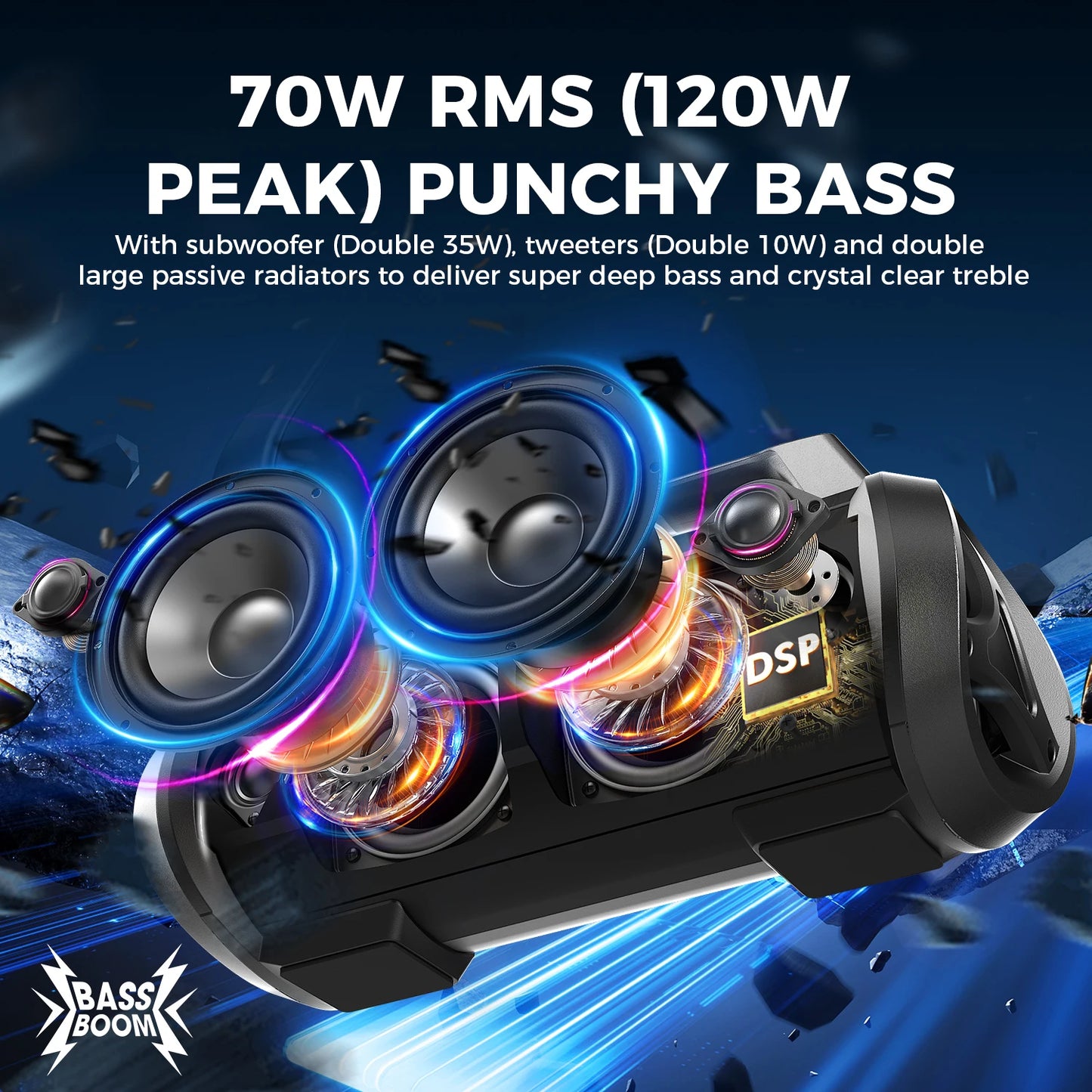 W-KING 70W RMS Bluetooth Portable Speaker,  Speaker Wireless Loud IPX6 Waterproof Bluetooth Speakers with Subwoofer/Bass Boost