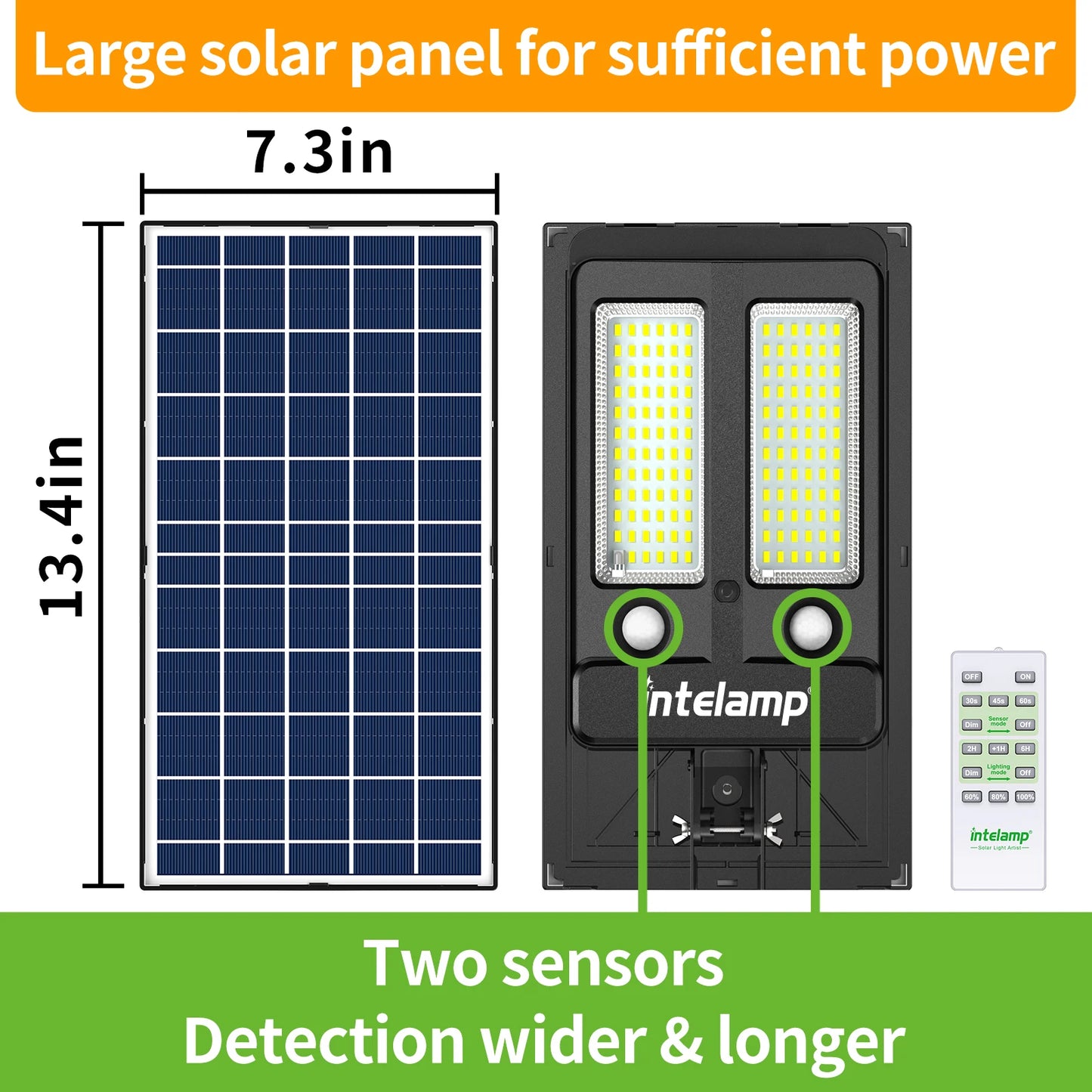 Intelamp Outdoor Solar Street Lights Security Flood Light With Super Large Solar Panel Two Sensors 12500mAh For Garden Yard Path