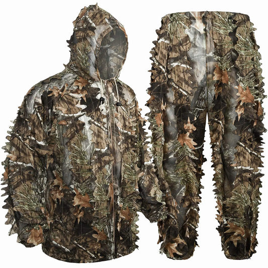 3D Bionic Leafy Ghillie Suit Camouflage Clothing Hunting Sniper Tactical Gear Breathable Mesh Jungle Woodland Stealth Apparel Elastic Waist Free Size For Outdoor Shooting Airsoft Paintball Wildlife Photography Men Gift