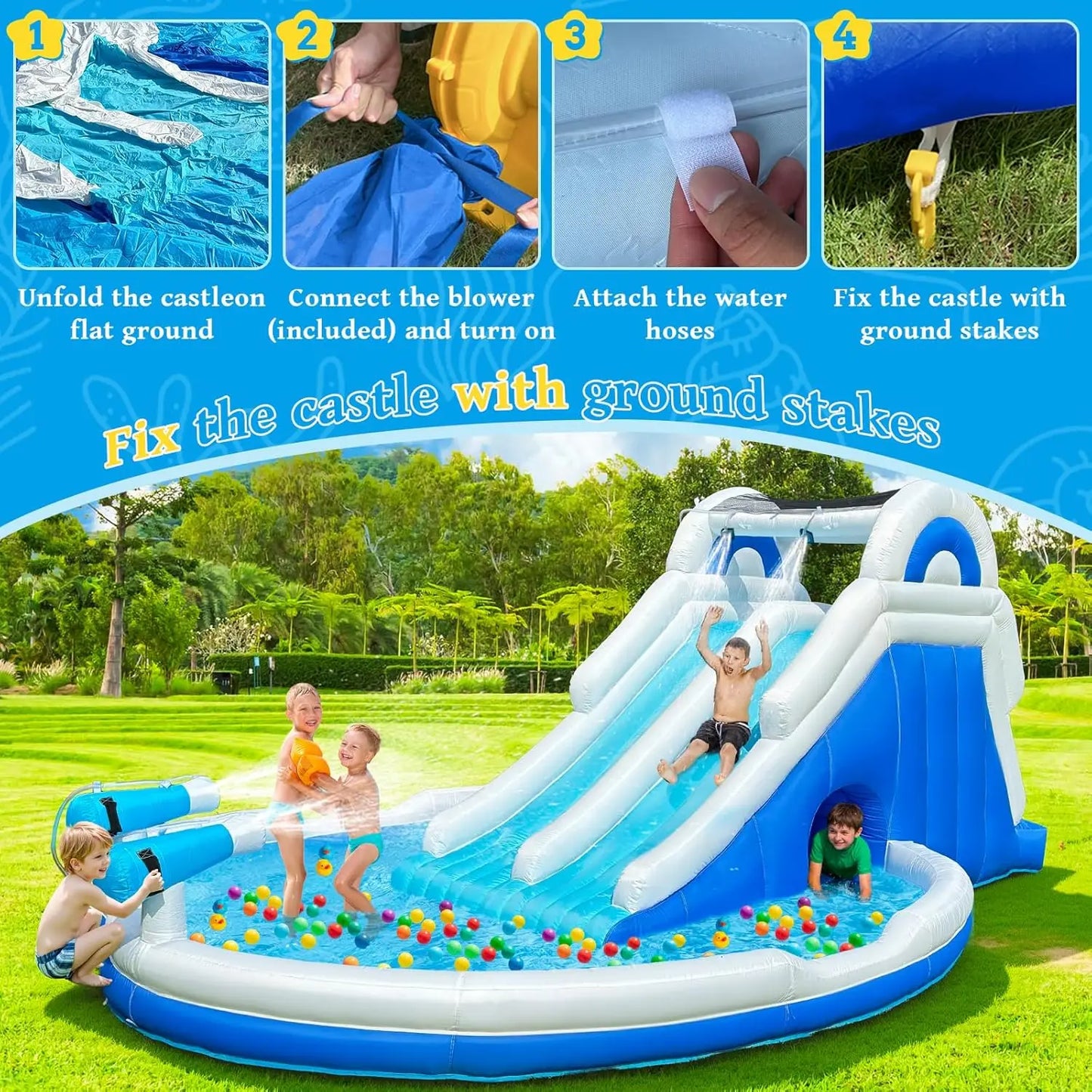Blue White Inflatable Water Slide With Dual Slides Large Splash Pool Backyard Water Park With Water Cannons Arched Sprinkler