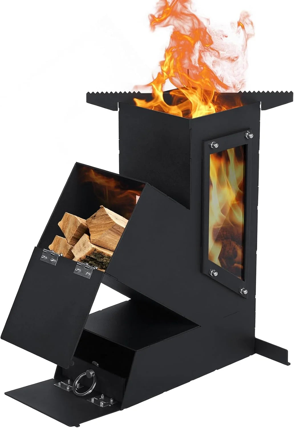 Portable Rocket Stove With Glass Door Wood Burning Outdoor Cooking Camping Grill For Survival Emergency