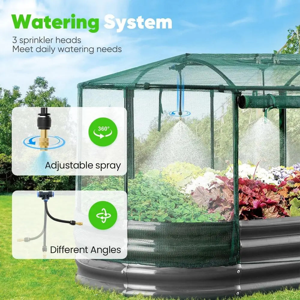 Large Oval Galvanized Metal Garden Bed with Auto-Watering and Mesh Cover for Growing Vegetables, Herbs, and Flowers