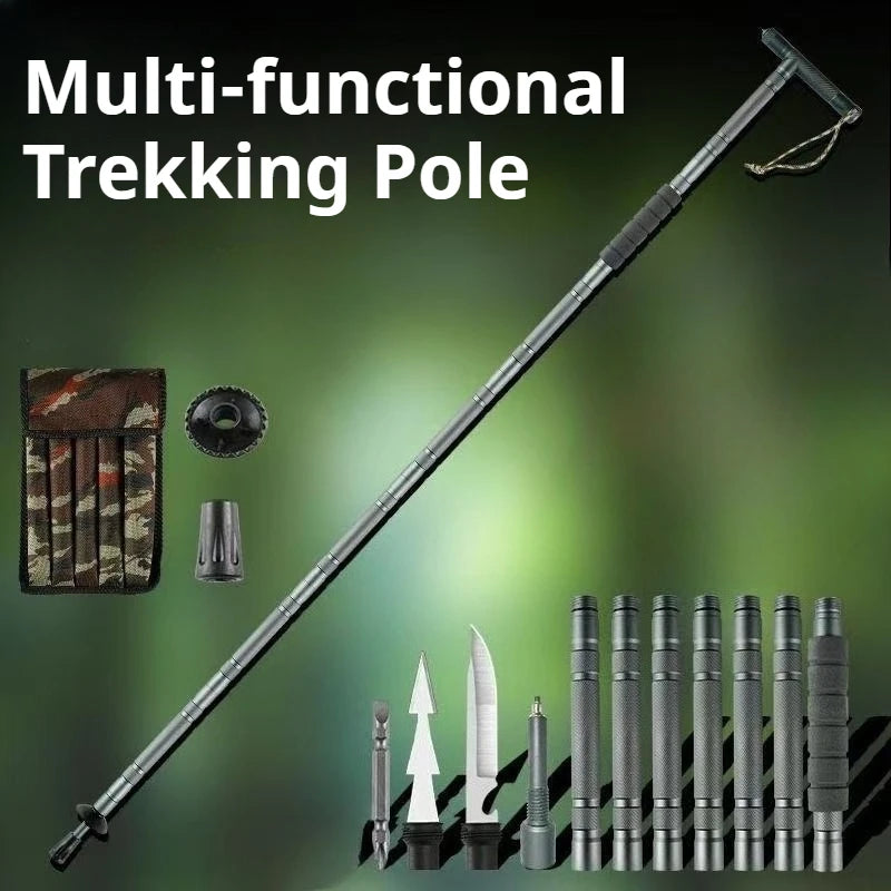 Portable Aluminum Alloy Climbing Stick Removable Multitool Hiking Walking Stick Multifunctional Mountaineering Camping Equipment