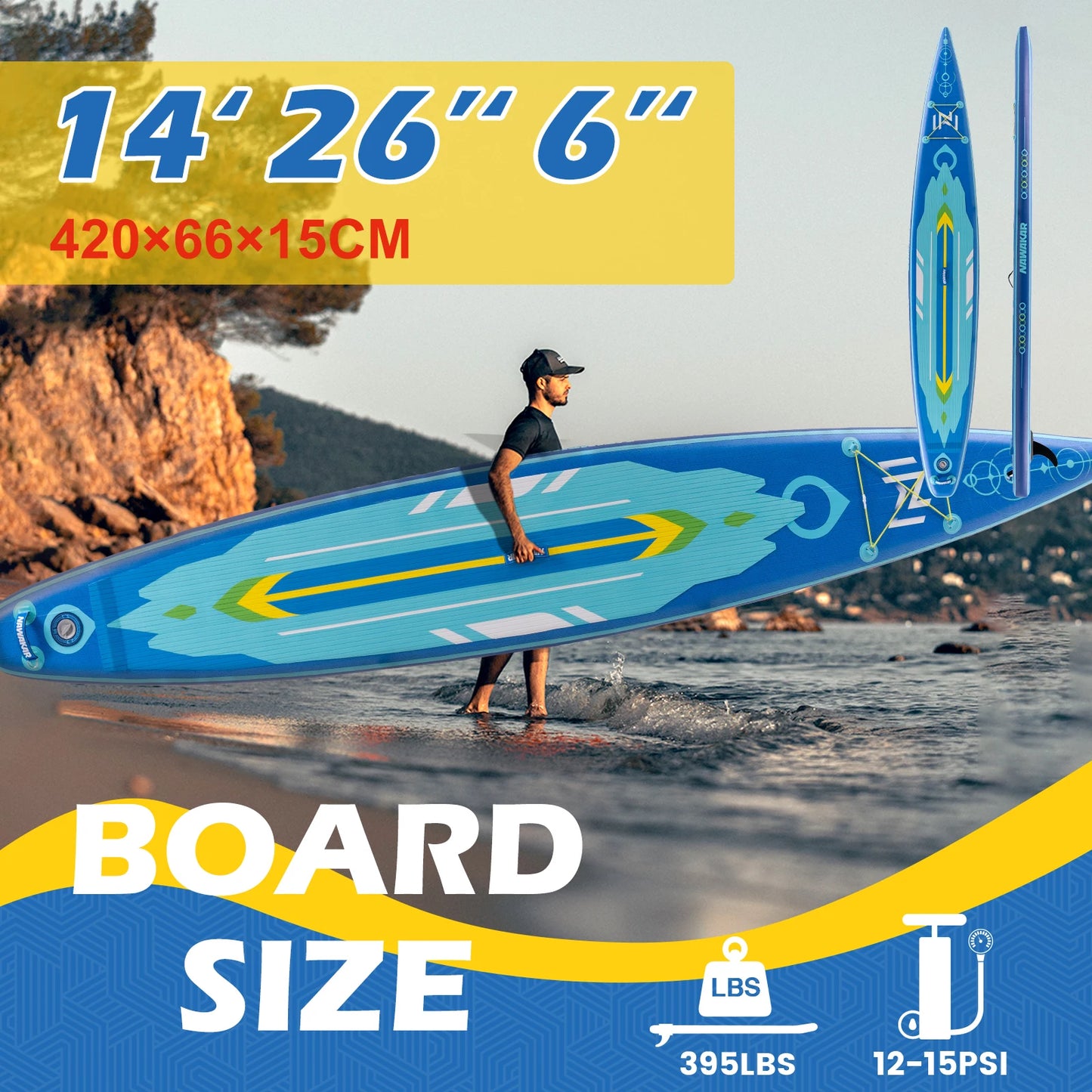 NAWAKAR NW02A 14FT 26" Inflatable Stand Up Paddle Board Double-Chamber Racing ISUP Premium Complete Set 180KG Capacity Adult SUP
