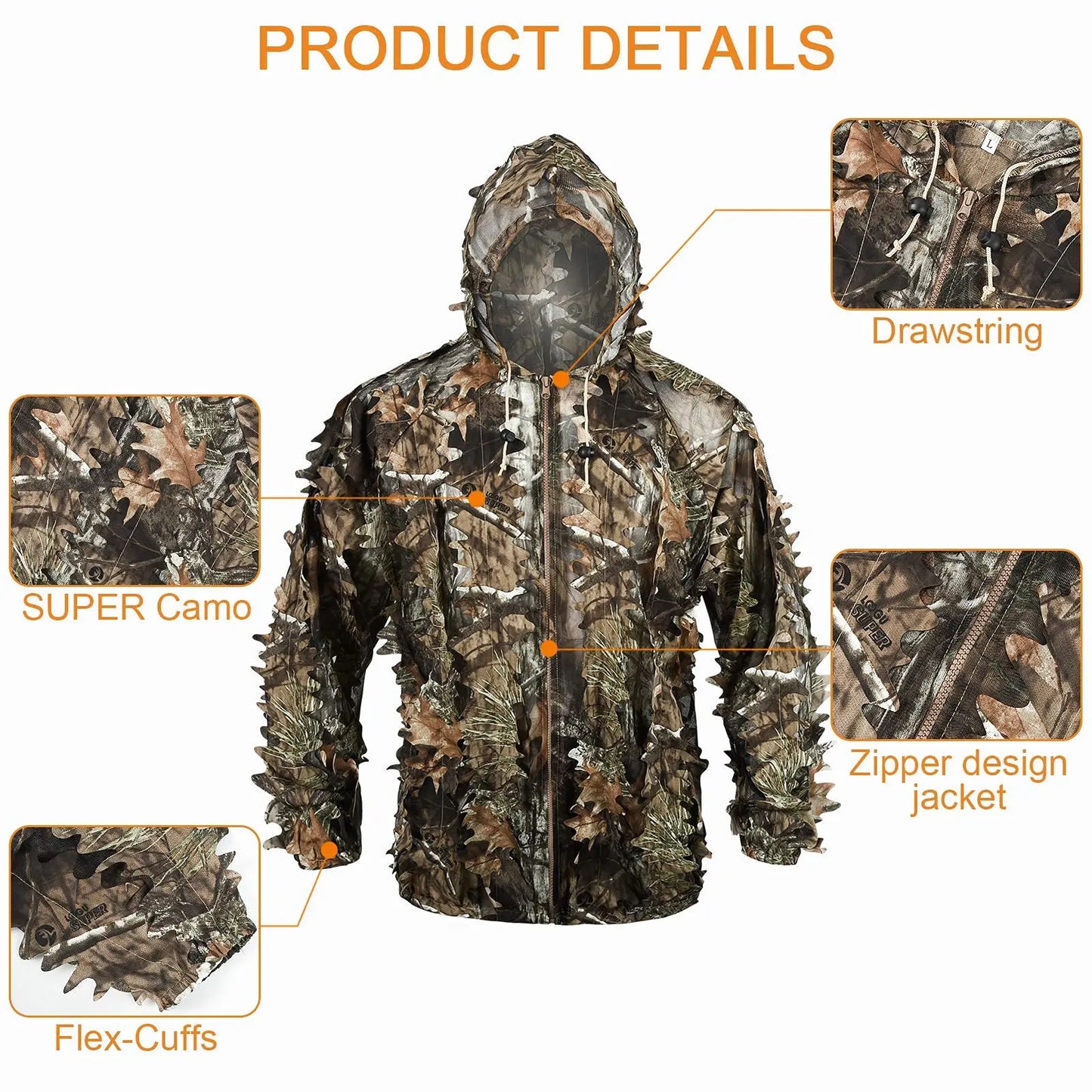 3D Bionic Leafy Ghillie Suit Camouflage Clothing Hunting Sniper Tactical Gear Breathable Mesh Jungle Woodland Stealth Apparel Elastic Waist Free Size For Outdoor Shooting Airsoft Paintball Wildlife Photography Men Gift