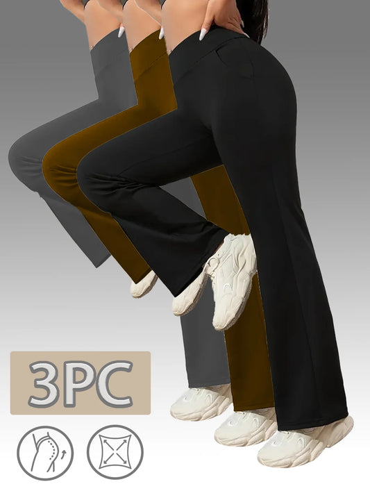 【 3-piece set 】 Popular flared pants for women, slim sports yoga pants with hip lifting, pocket style tri color combination se