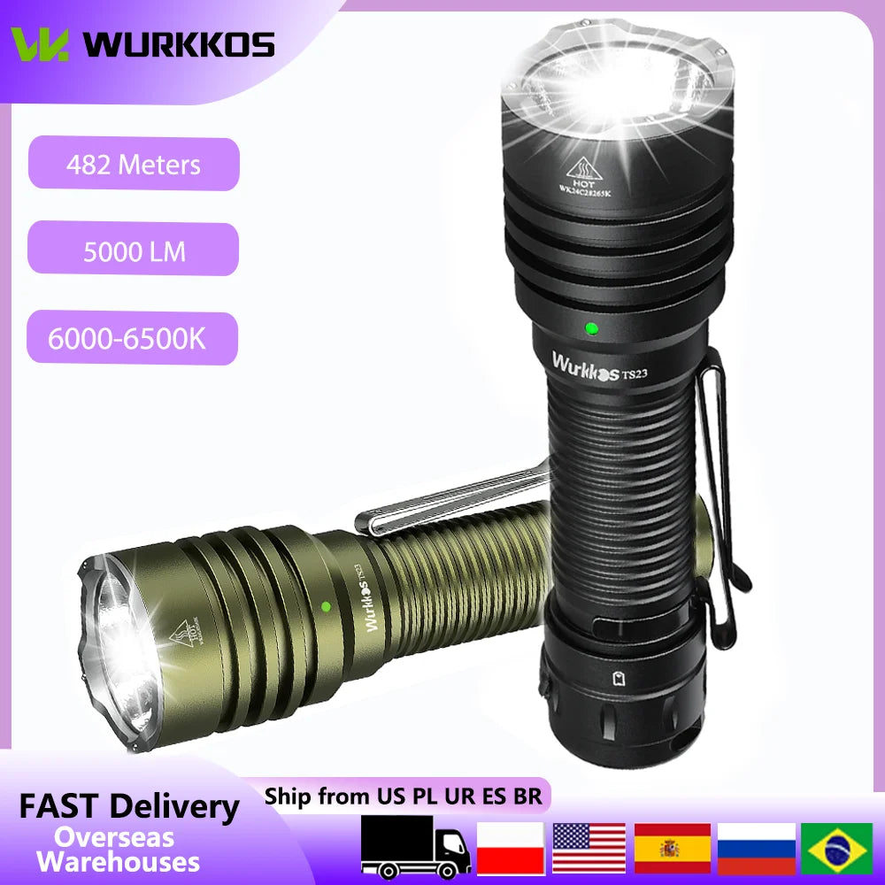 Wurkkos TS23 6000-6500K Powerfull Flashlight 5000LM IP68 Waterproof long shot 482m CRI90+ for Emergency Hiking Cycling