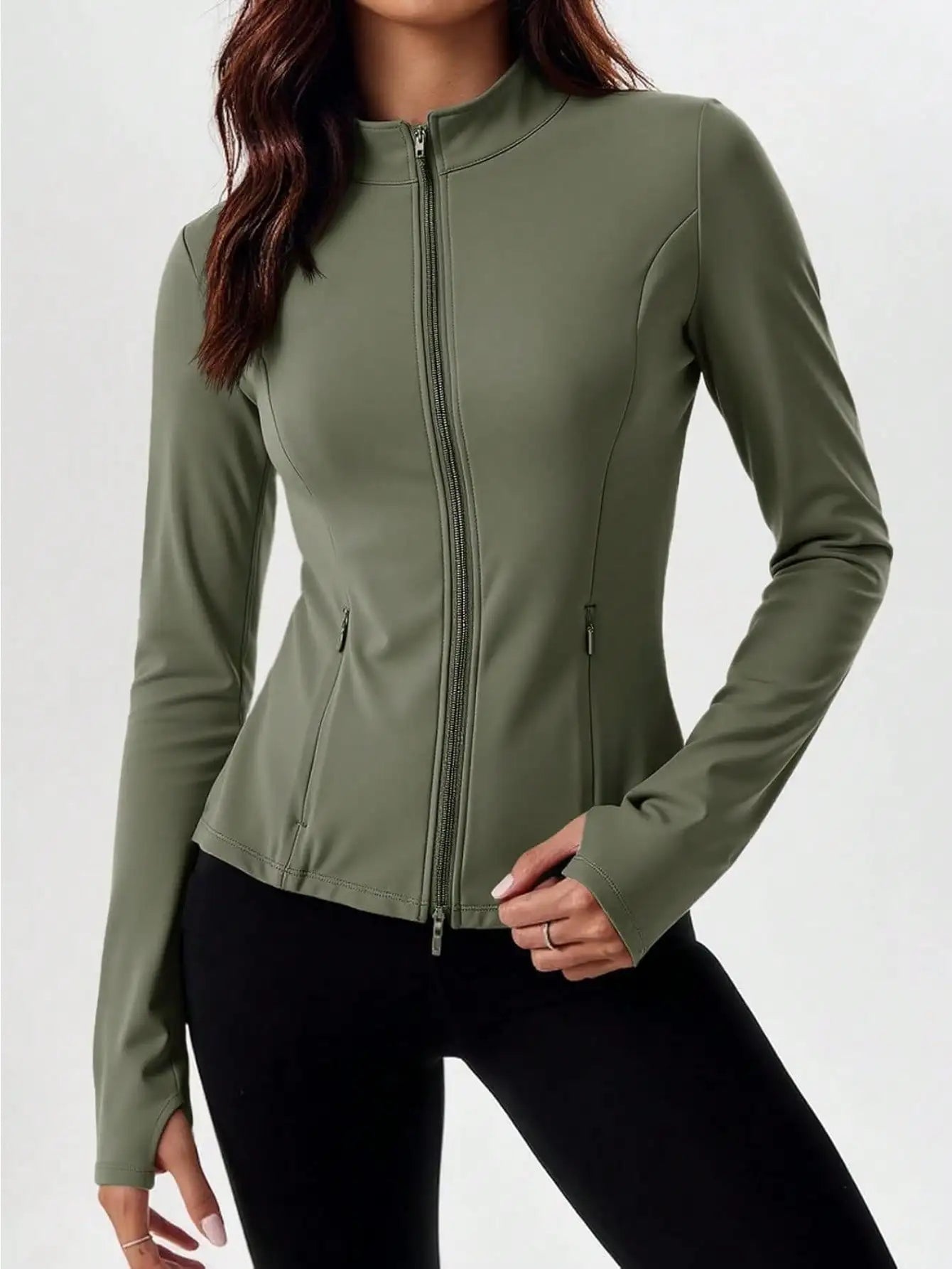 Fisoew Pleated Athletic Jacket, Women's Slim Fit Zip-Up Workout Top With Stand Collar & Thumb Holes, Athleisure Wear