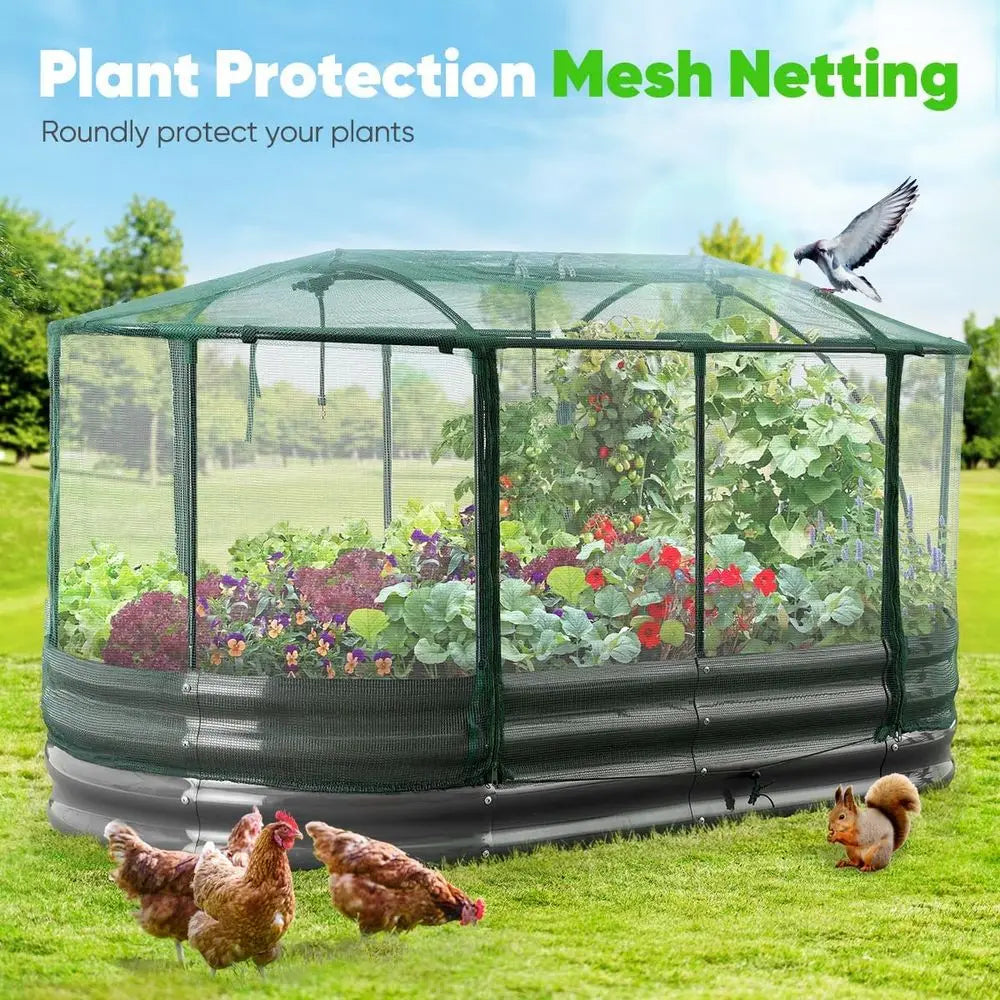 Large Oval Galvanized Metal Garden Bed with Auto-Watering and Mesh Cover for Growing Vegetables, Herbs, and Flowers
