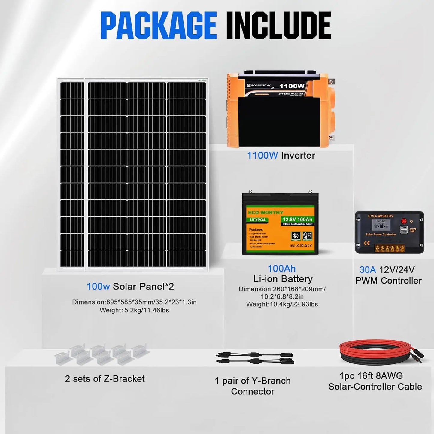 ECO-WORTHY 200W Solar Panel Kit 2pcs 100W Solar Panel + 30A Charge Controller + 100Ah Battery + 1100W Premium Solar Inverter