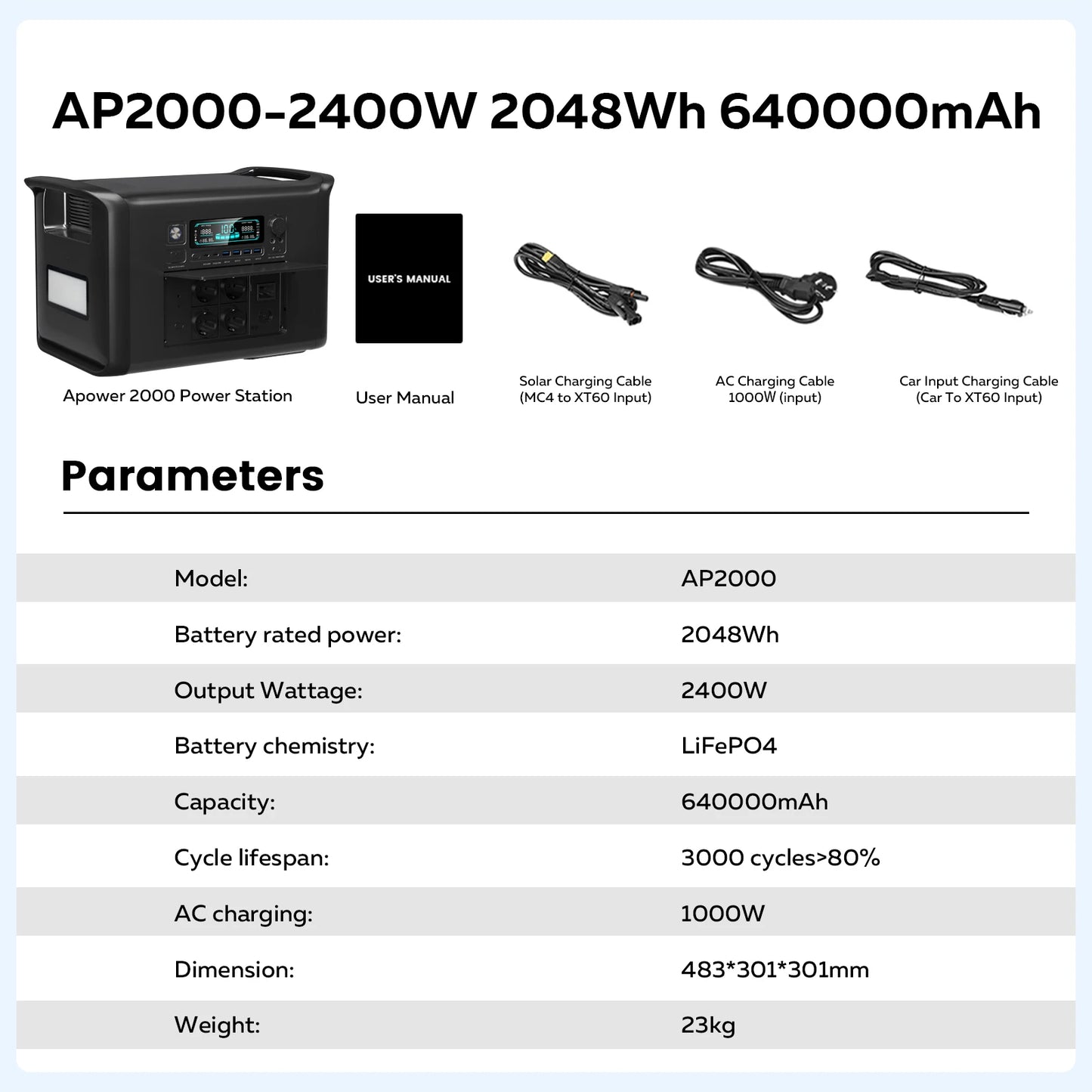 2000Wh Portable Power Station Lifepo4 Batteries Outdoor Powerful Power Bank 640000mAh Large Capacity Secondary Battery Camping