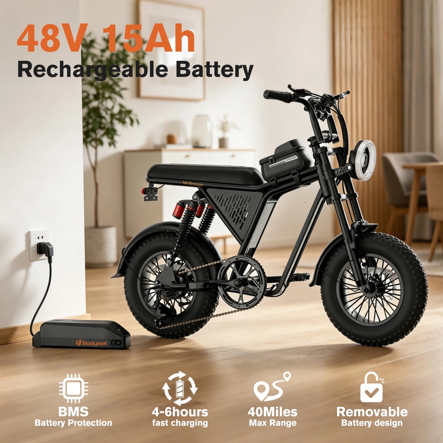 Bodywel M16PRO Off Road E Bike Adult Electric Bicycle 1500w 48V 15.6ah Mountain Electric Bike 16 Inch Fat Tire Outdoor Entertainmen