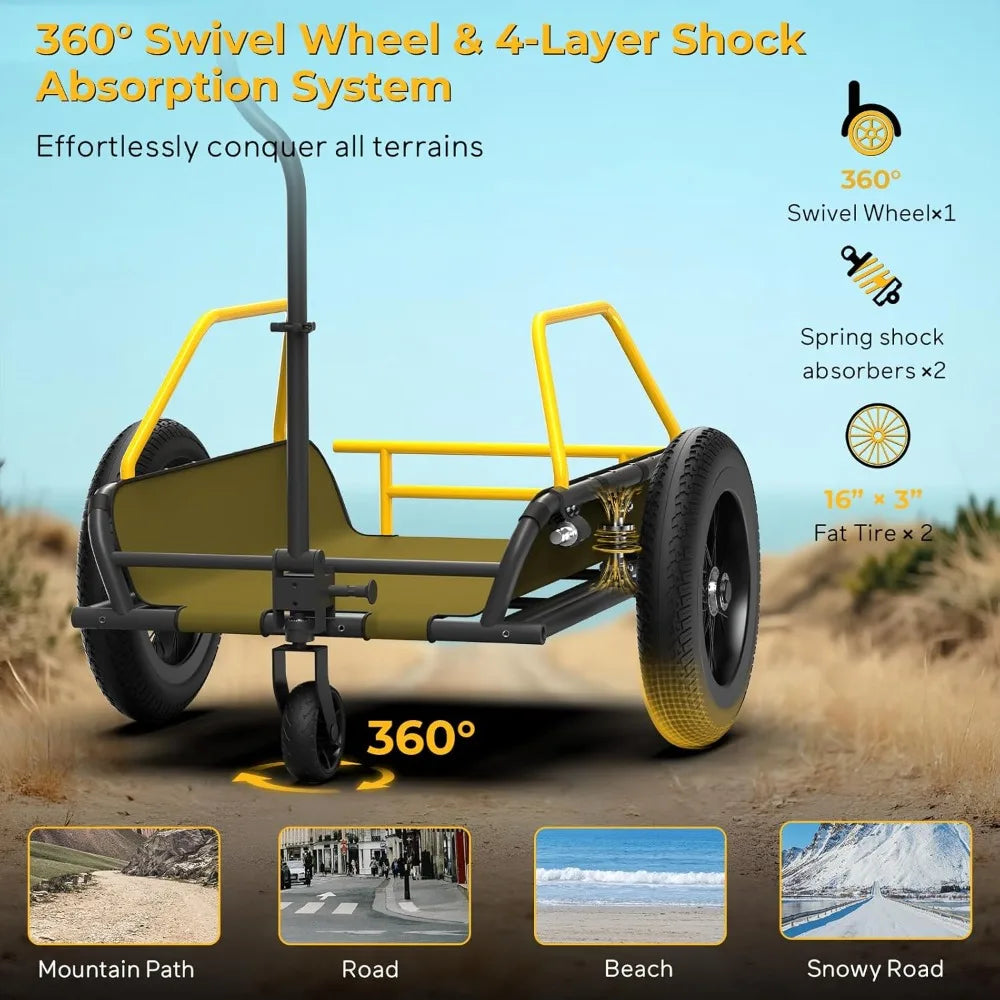 2 in 1 Bike Cargo Trailer Wagon Cart, 150 lbs, 16"x3" Fat Tire, 360° Swivel Caster, Double Suspension