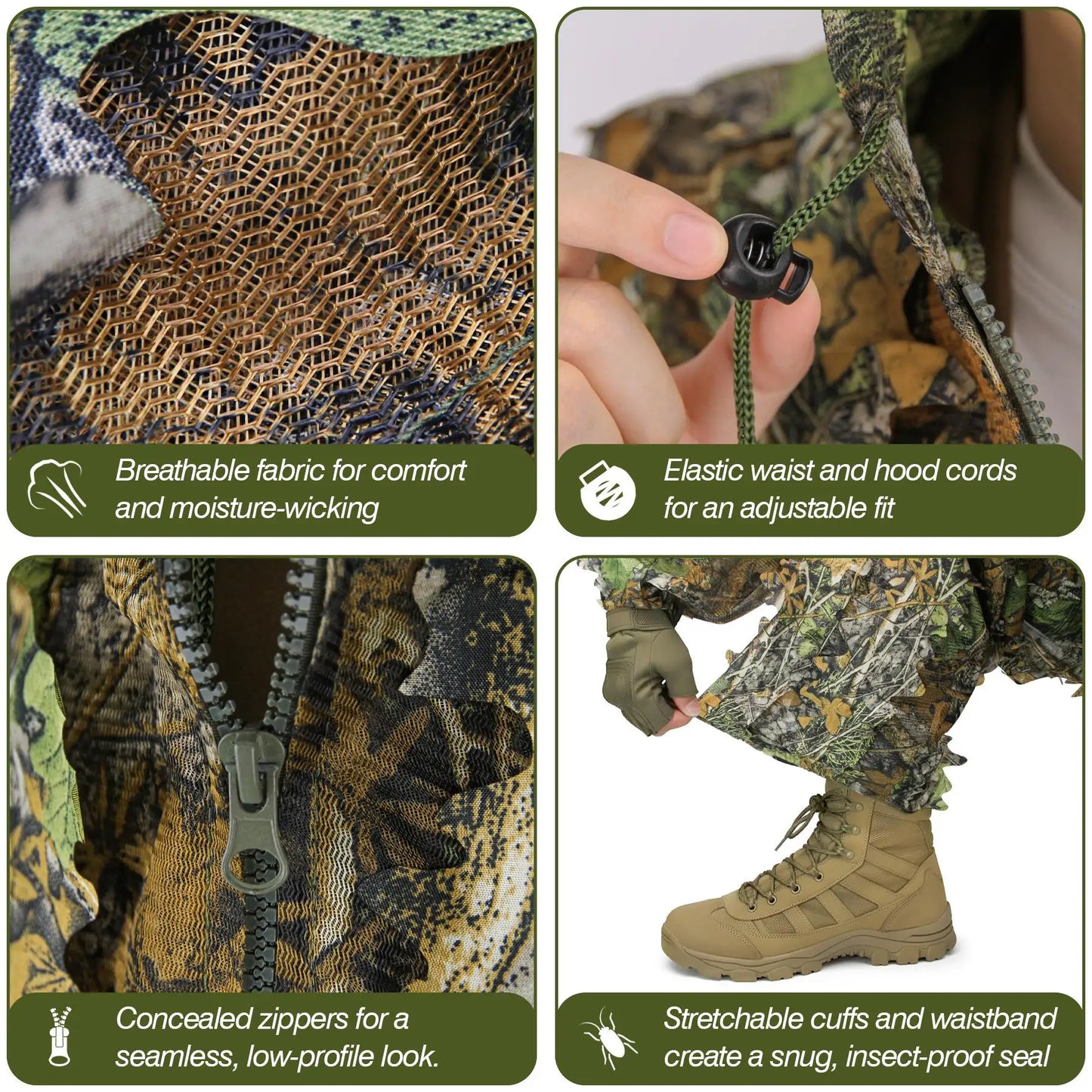 3D Bionic Leafy Ghillie Suit Breathable Camouflage Clothing Outdoor Tactical Sniper Hunting Clothes Lightweight Jungle Woodland Camo Apparel for Men Women Airsoft Paintball Wildlife Photography