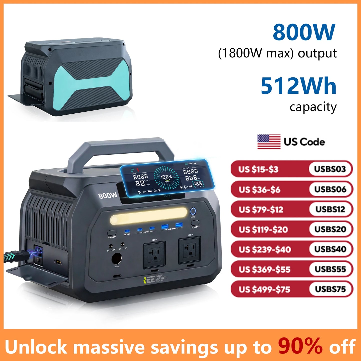IEE 800W 512Wh LiFePO4 Portable Solar Power Station