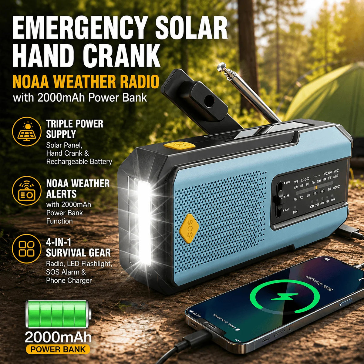 Emergency Radio Solar Hand Crank NOAA Weather Radio AM FM Portable 2000mAh Power Bank Rechargeable Survival Gear LED Camping Flashlight Reading Lamp SOS Alarm Hurricane Earthquake Emergency Kit Battery Operated For Home Outdo