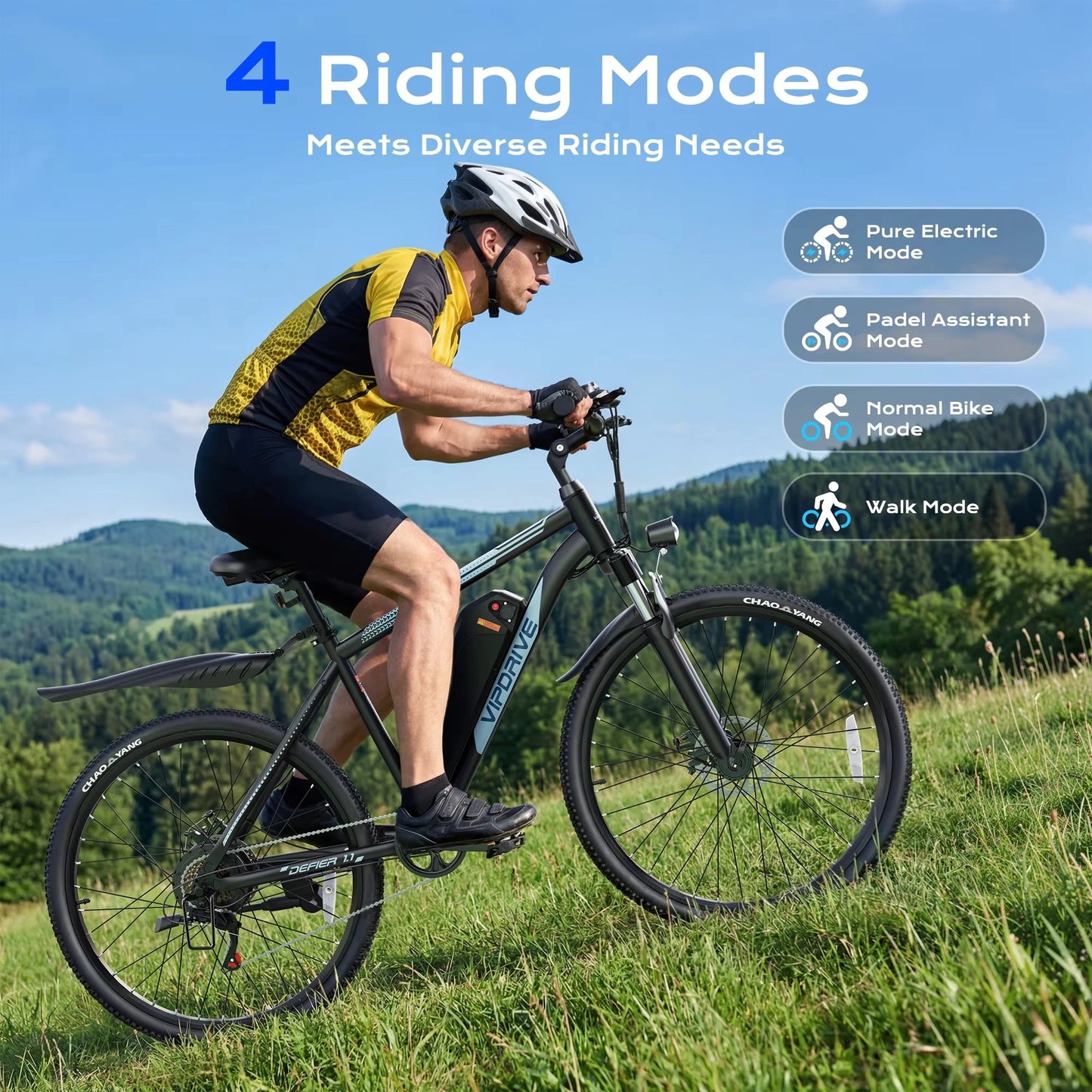 VIPDRIVE Defier 1.1 Adult Electric Bike, 750W Peak Motor, 48V 7.8Ah Battery, 26" Tire, 20MPH Mountain & Road Ebike