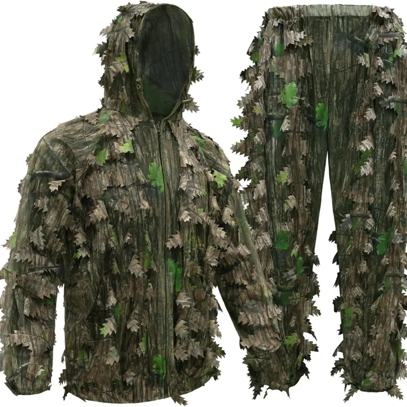 3D Bionic Leafy Ghillie Suit Camouflage Clothing Hunting Sniper Tactical Gear Breathable Mesh Jungle Woodland Stealth Apparel Elastic Waist Free Size For Outdoor Shooting Airsoft Paintball Wildlife Photography Men Gift
