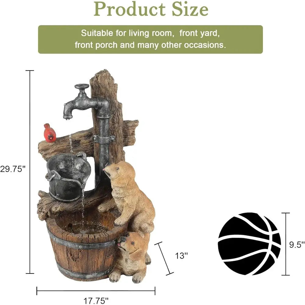 30 Rustic Outdoor Water Fountain with LED Lights, Barrel Puppy Design, Ideal for Garden or Indoor Entryway