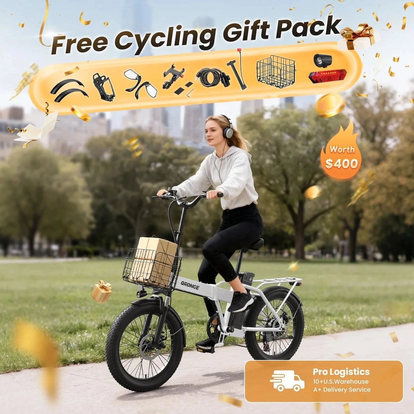 QRONGE Waterfall Folding Electric Bicycle 1000W Peak 48V 13.5AH 20" Fat Tire Electric Bike 70 Max Miles E-bike Commute 28MPH max