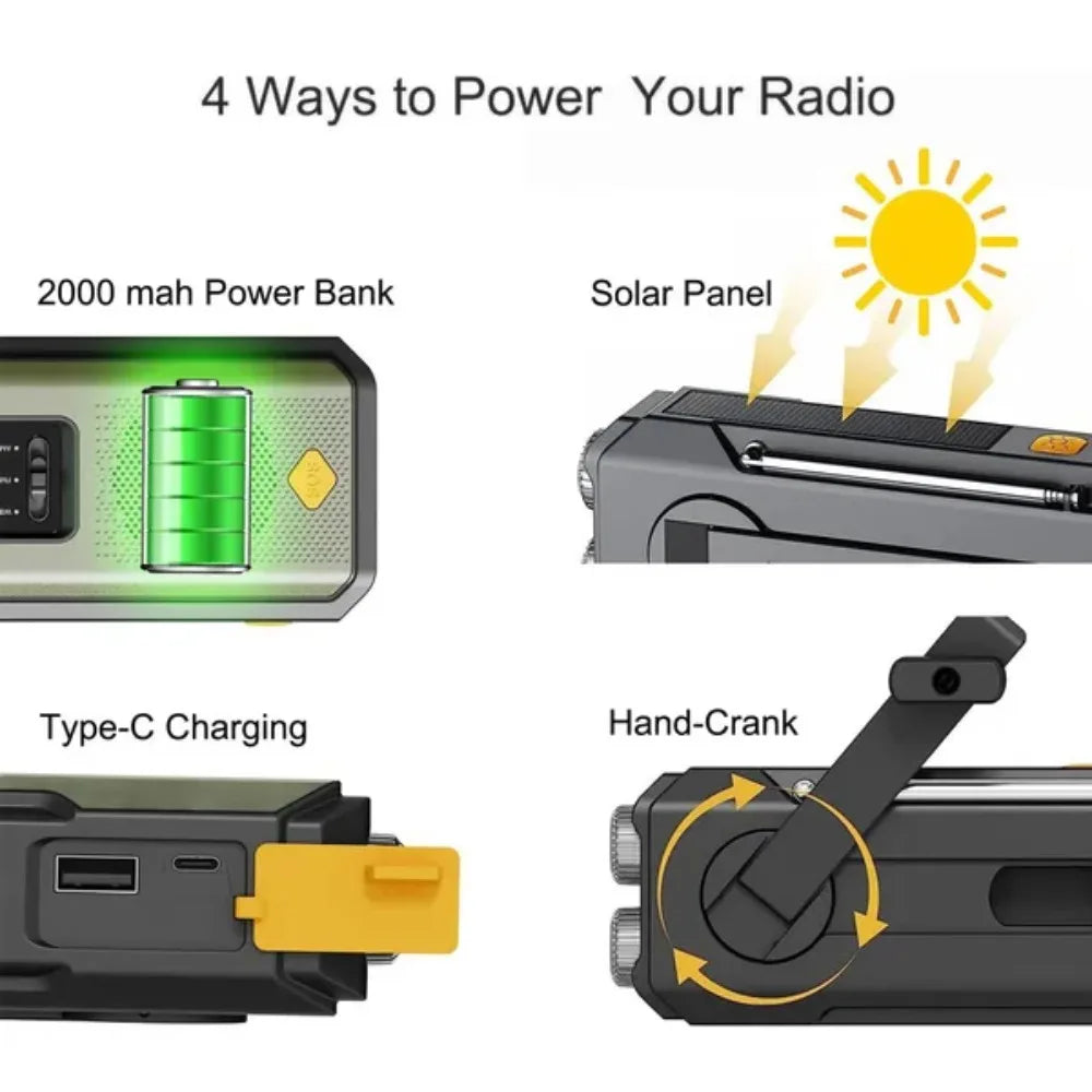 Emergency Radio Solar Hand Crank NOAA Weather Radio AM FM Portable 2000mAh Power Bank Rechargeable Survival Gear LED Camping Flashlight Reading Lamp SOS Alarm Hurricane Earthquake Emergency Kit Battery Operated For Home Outdo